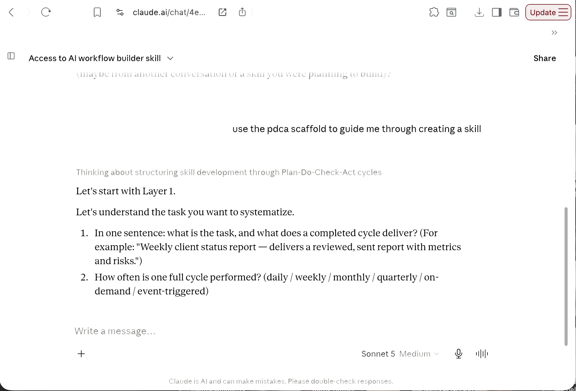 Claude interface showing AI workflow builder skill