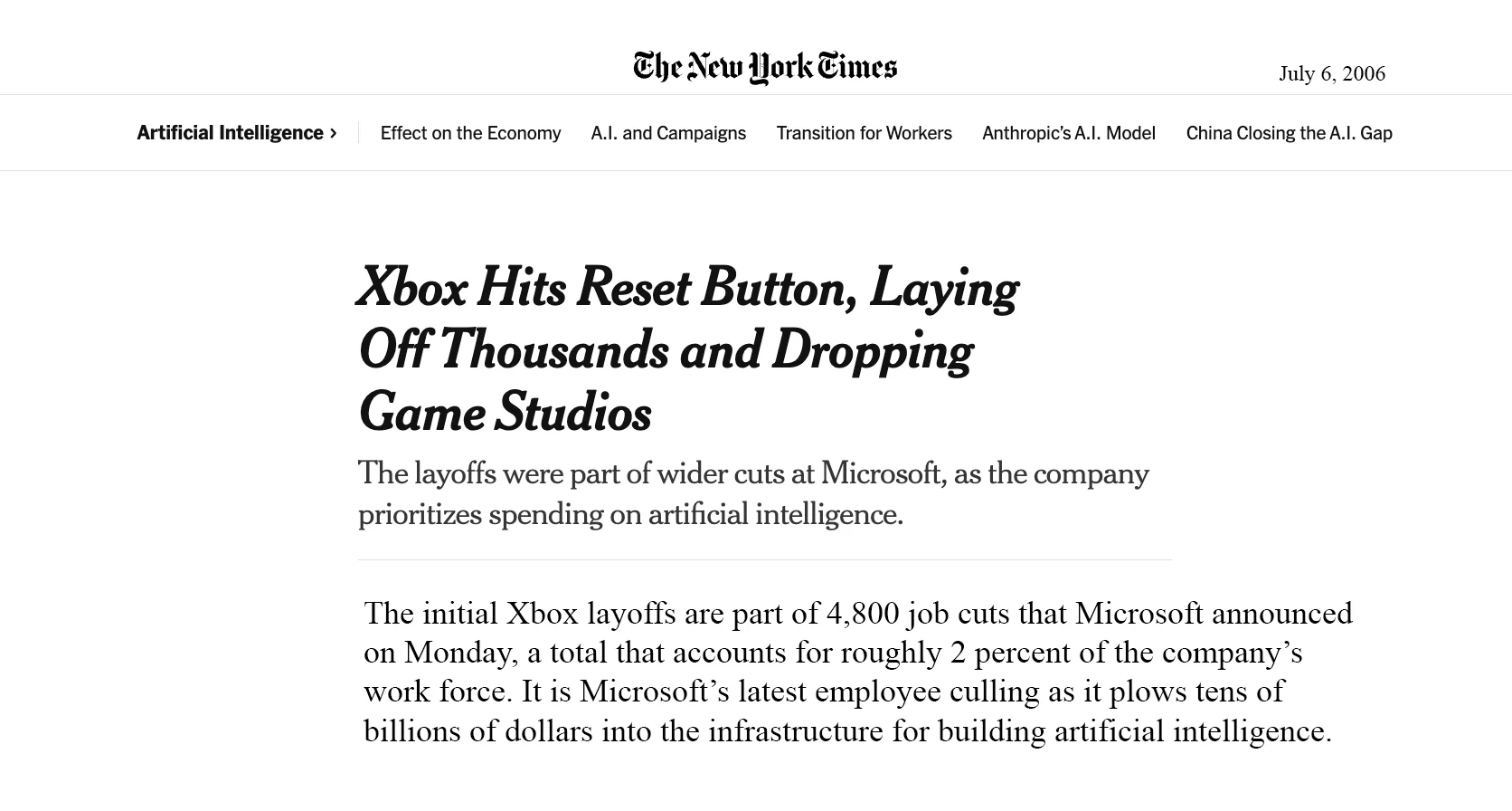New York Times: Xbox Hits Reset Button, July 6 2026